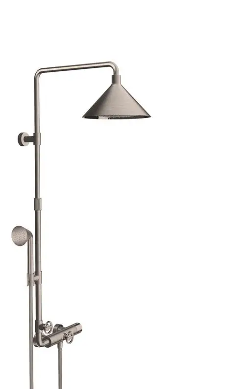 Thermostat-Duschpaneel von AXOR mit einer Kopfbrause und einer Handbrause. Edelstahl-Optik, fester Anschluss an der Wand, funktionales Design für Dusche.
